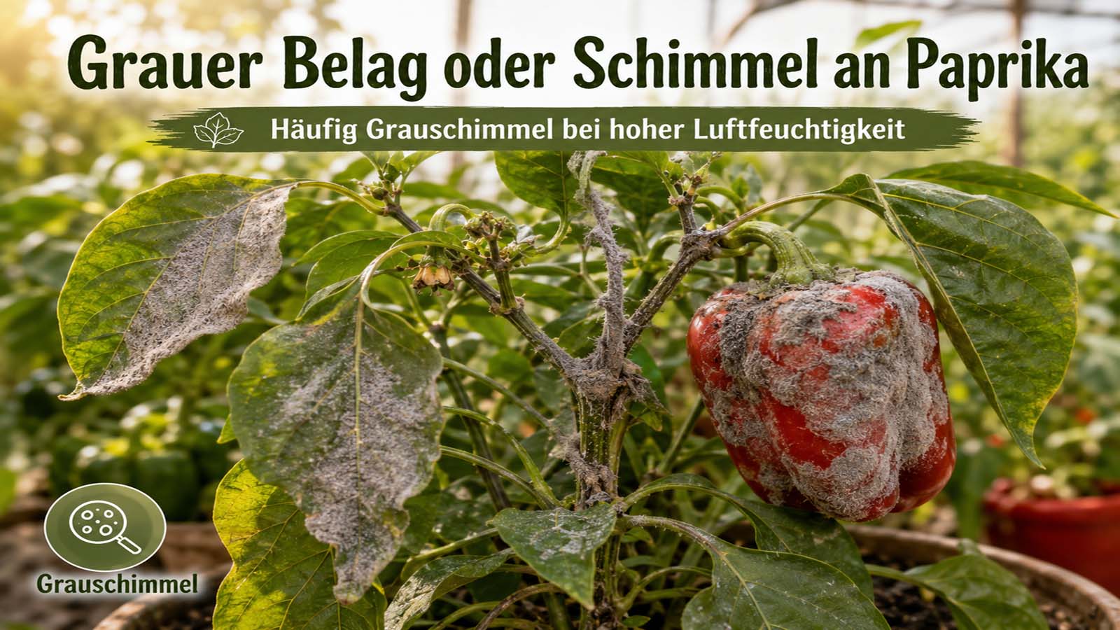 Paprikapflanze mit grauem, pelzigem Schimmelbelag an Blättern, Stängeln und einer roten Frucht als typisches Zeichen für Grauschimmel.