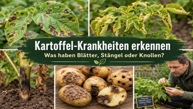Kartoffelpflanzen mit braunen Blattflecken, eingerollten Blättern, schwarzem Stängelgrund und beschädigten Knollen als Beitragsbild zu Kartoffel-Krankheiten.