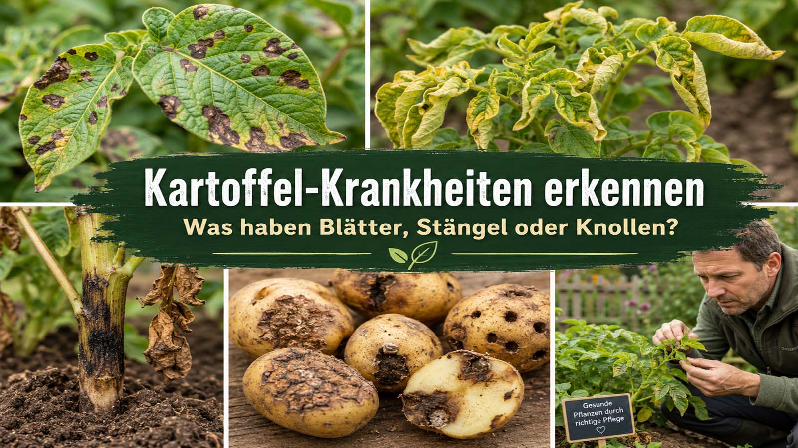 Kartoffelpflanzen mit braunen Blattflecken, eingerollten Blättern, schwarzem Stängelgrund und beschädigten Knollen als Beitragsbild zu Kartoffel-Krankheiten.