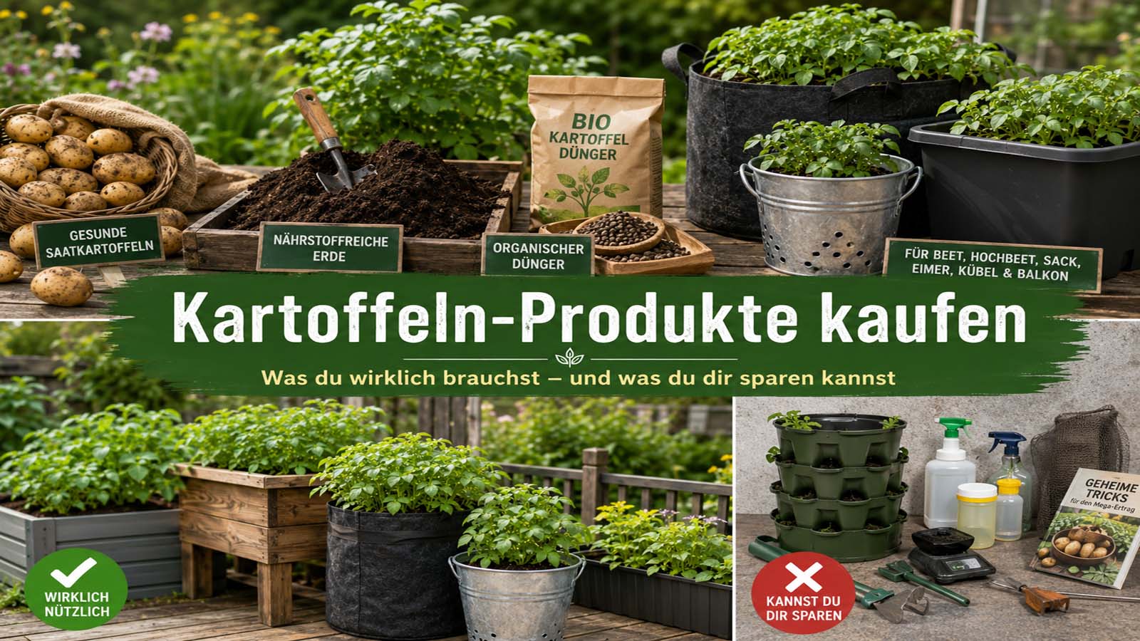 Beitragsbild mit Pflanzkartoffeln, Erde, organischem Dünger, Pflanzsack, Eimer und Kübel für den Kartoffelanbau sowie Zubehör, das man sich sparen kann.