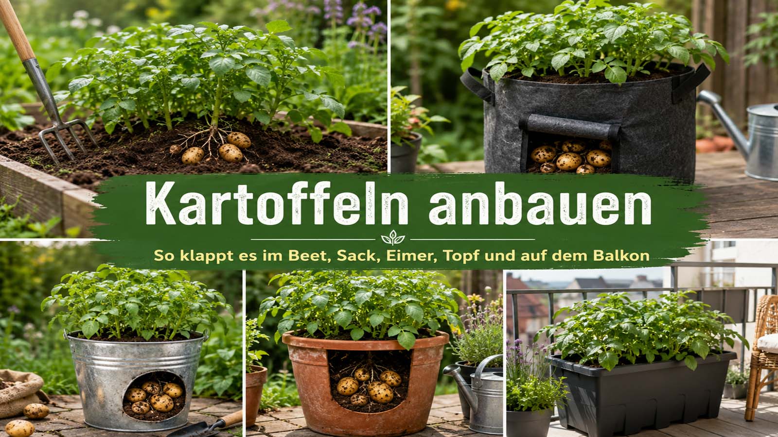 Kartoffelpflanzen im Beet, Pflanzsack, Eimer, Topf und Balkonkasten mit sichtbaren Kartoffelknollen als Beitragsbild zum Kartoffeln anbauen.