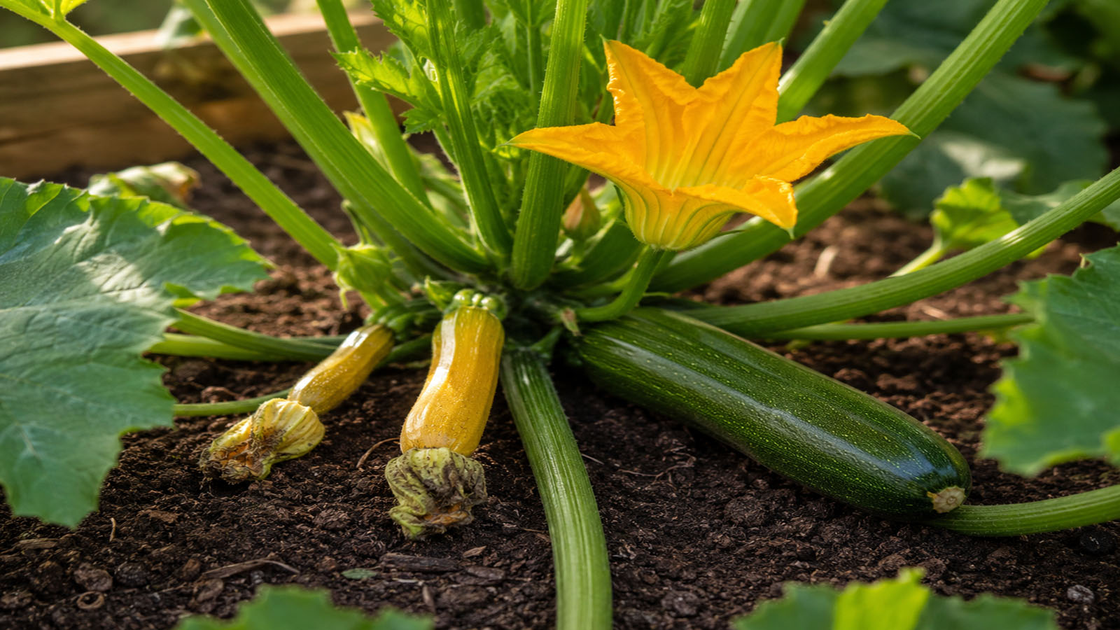 Zucchini-Pflanze im Beet mit gelb werdenden jungen Früchten, verwelkten Blütenresten und einer gesunden grünen Zucchini als Hinweis auf mögliche Bestäubungsprobleme.
