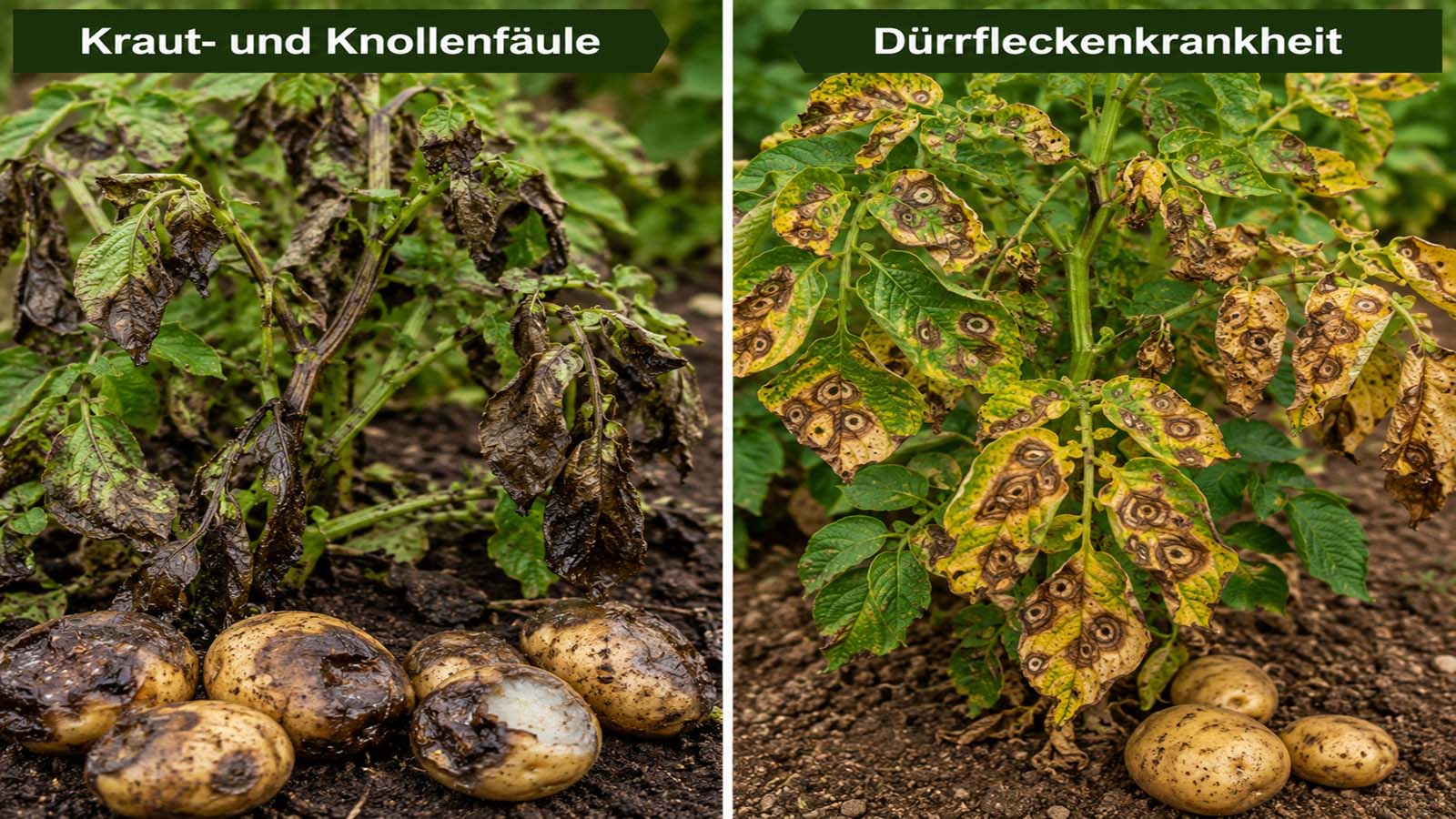 Zweiteiliges Vergleichsbild mit Kraut- und Knollenfäule an Kartoffeln links und Dürrfleckenkrankheit an Kartoffeln rechts mit typischen Blatt- und Knollenschäden.
