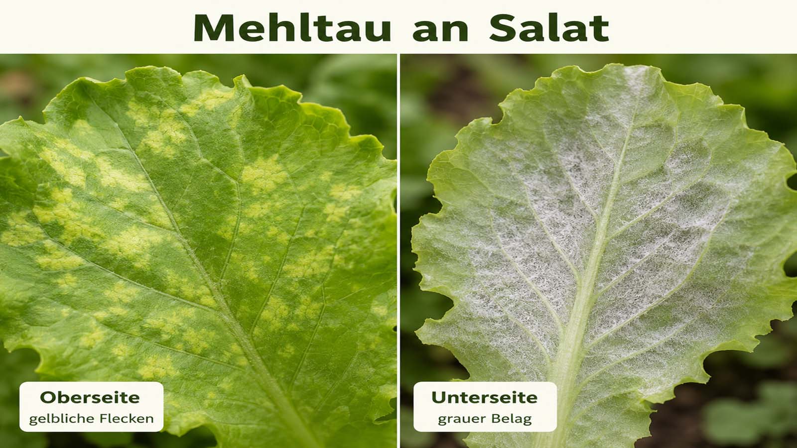 Zweiteiliges Bild mit Salatblatt-Oberseite mit gelblichen Flecken und Blatt-Unterseite mit grauem Belag als Hinweis auf Mehltau an Salat.