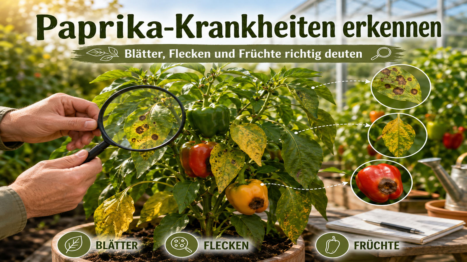 Paprikapflanze mit gelben Blättern, braunen Flecken und beschädigten Früchten, die mit einer Lupe auf Krankheiten und Pflegeprobleme untersucht wird.