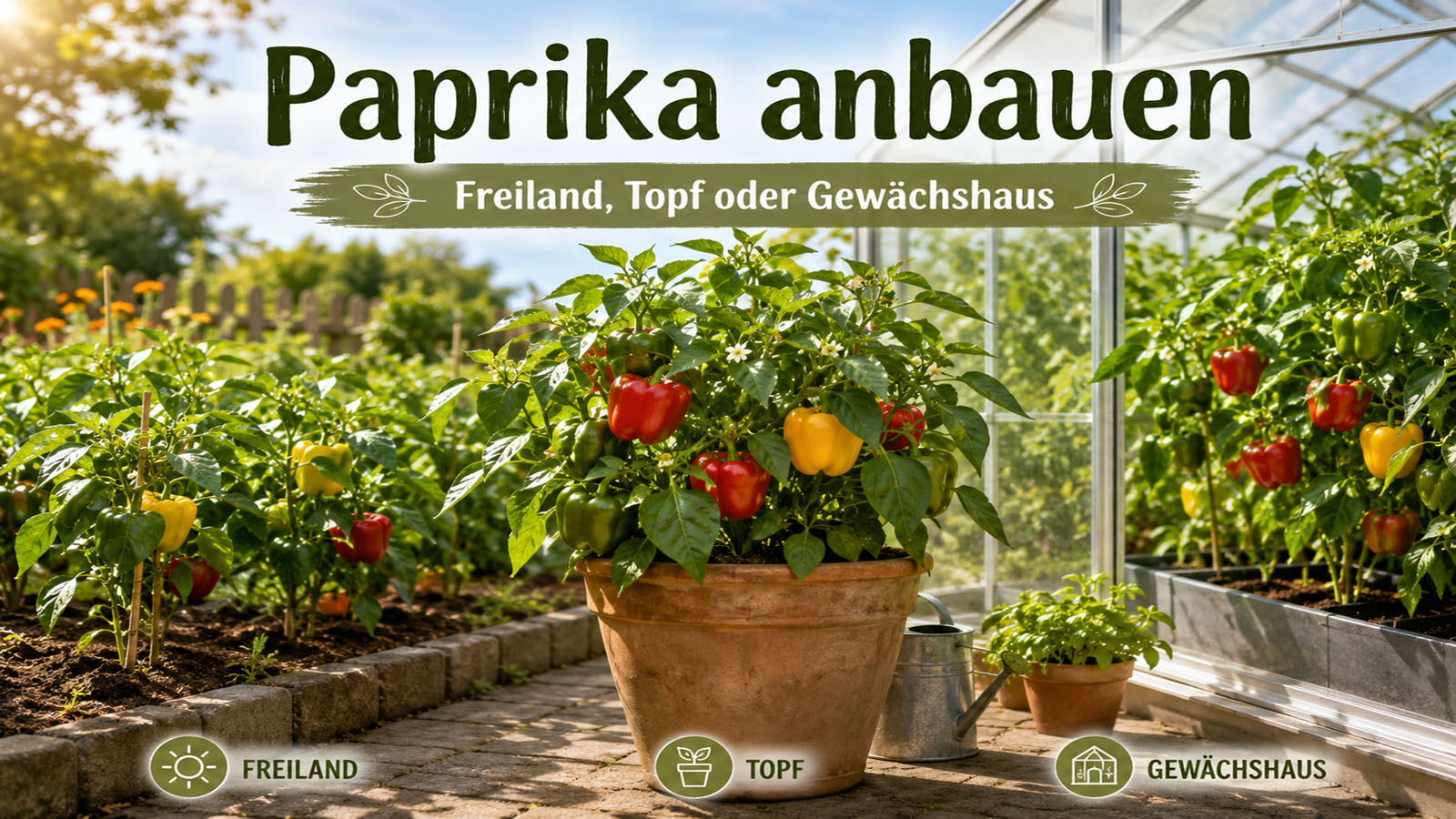 Kräftige Paprikapflanzen mit roten, gelben und grünen Früchten im Beet, im Topf und im Gewächshaus.