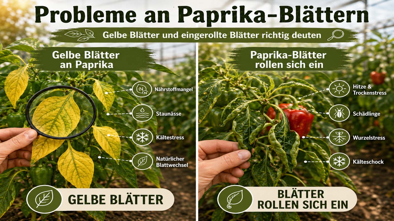 Zweigeteilte Grafik mit gelben Paprikablättern und eingerollten Paprika-Blättern zur Unterscheidung typischer Blattprobleme.