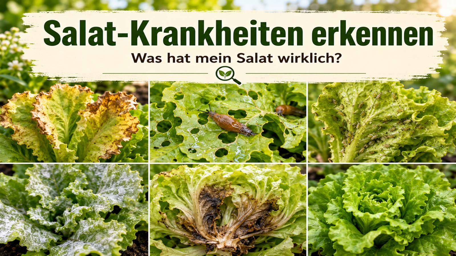 Collage mit Salatproblemen wie braunen Blatträndern, Schneckenfraß, Blattläusen, Mehltau und Fäulnis zur Erkennung häufiger Salat-Krankheiten.