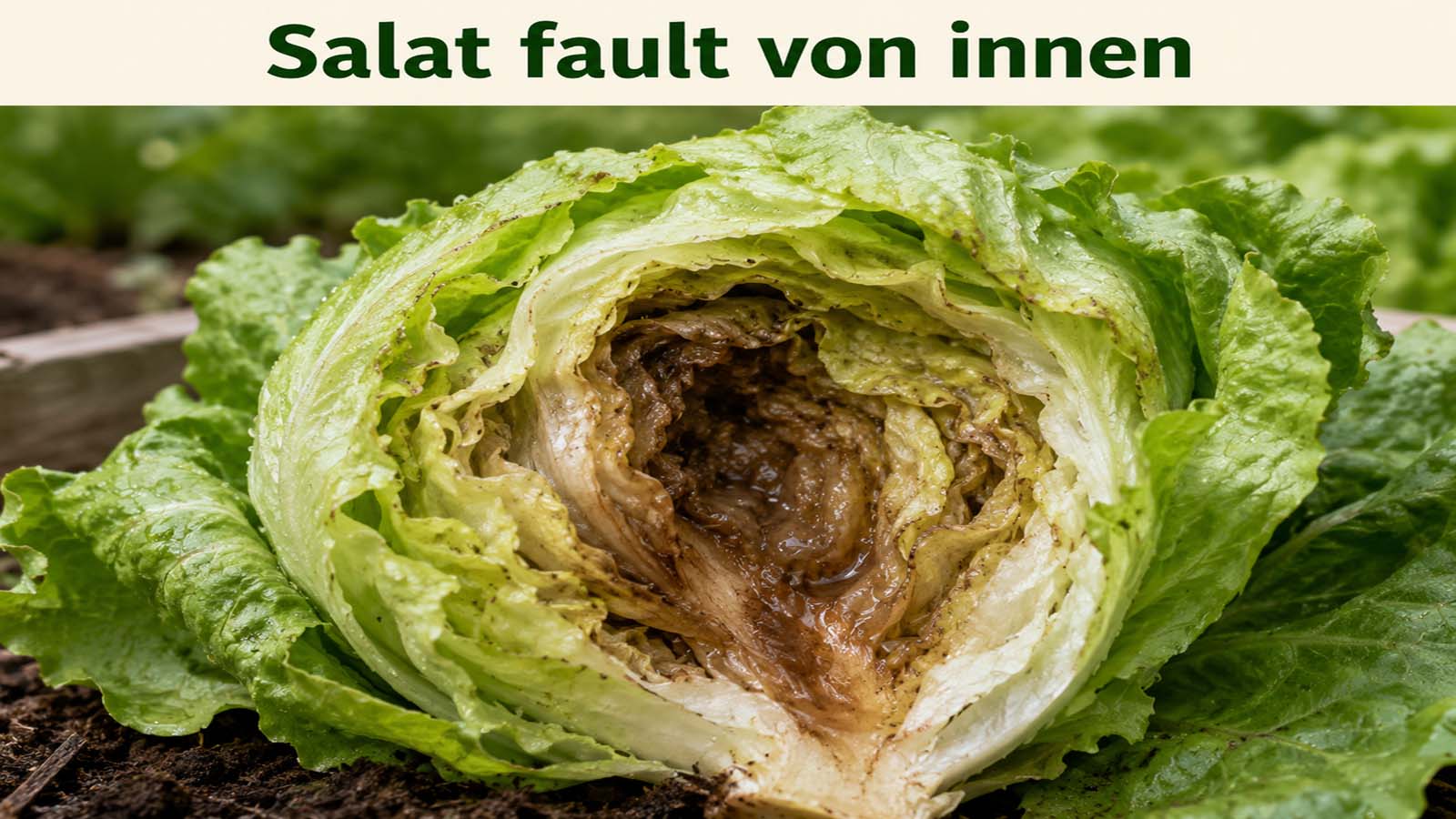 Aufgeschnittener Salatkopf mit braunem, weichem und matschigem Inneren als Hinweis auf Fäulnis durch zu viel Feuchtigkeit im Salatherz.