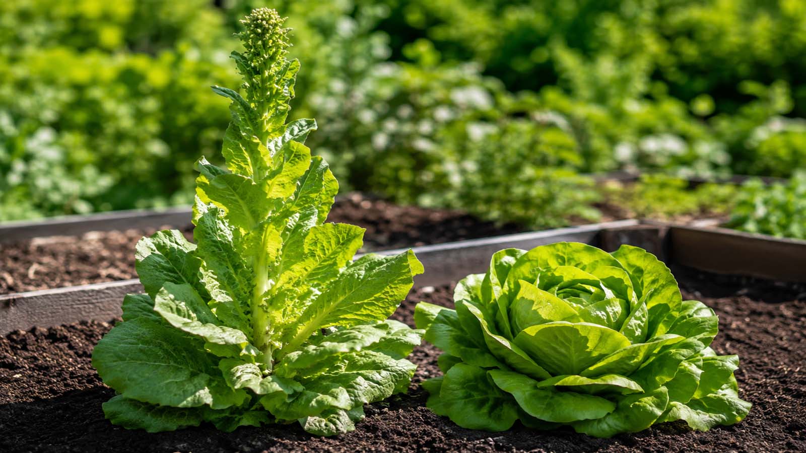 Hochgeschossener Salat mit langem Blütenstängel neben einem kompakten Kopfsalat im Gemüsebeet als Vergleich.
