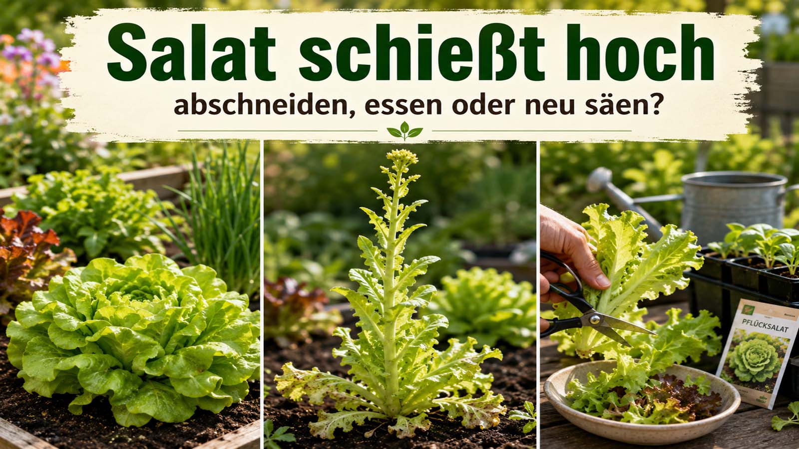Geschossener Salat mit langem Blütenstängel im Beet, daneben gesunder Kopfsalat und eine Hand mit Schere beim Ernten einzelner Blätter.