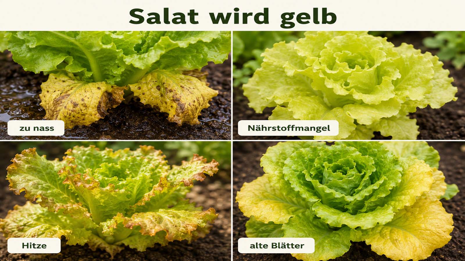 Vier Beispiele für gelb werdenden Salat mit Ursachen wie zu nasser Erde, Nährstoffmangel, Hitze und alten äußeren Blättern.