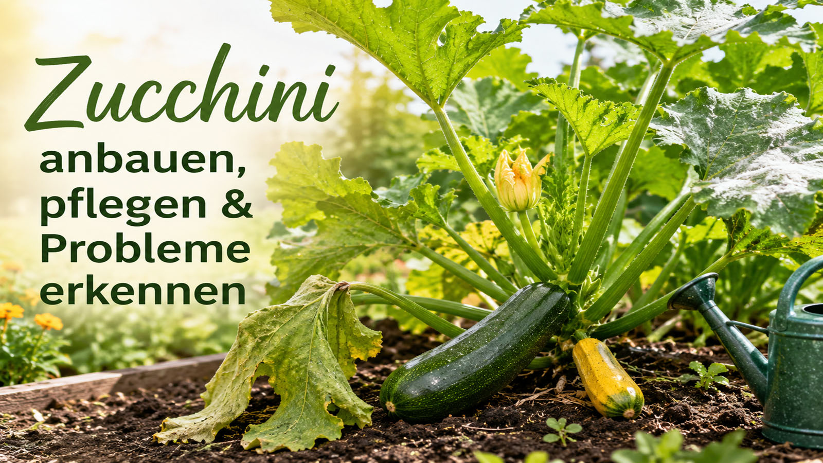 Zucchini-Pflanze im Garten mit großen grünen Blättern, Früchten, Blüte und Gießkanne als Symbol für Anbau, Pflege und typische Probleme.