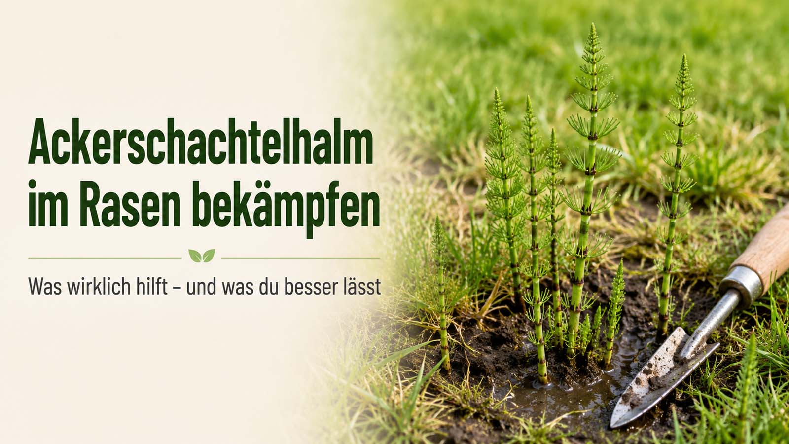 Ackerschachtelhalm wächst in nassem, lückigem Rasen zwischen Gräsern und wird mit Gartenwerkzeug bearbeitet, um Bodenprobleme und Ausbreitung zu bekämpfen.