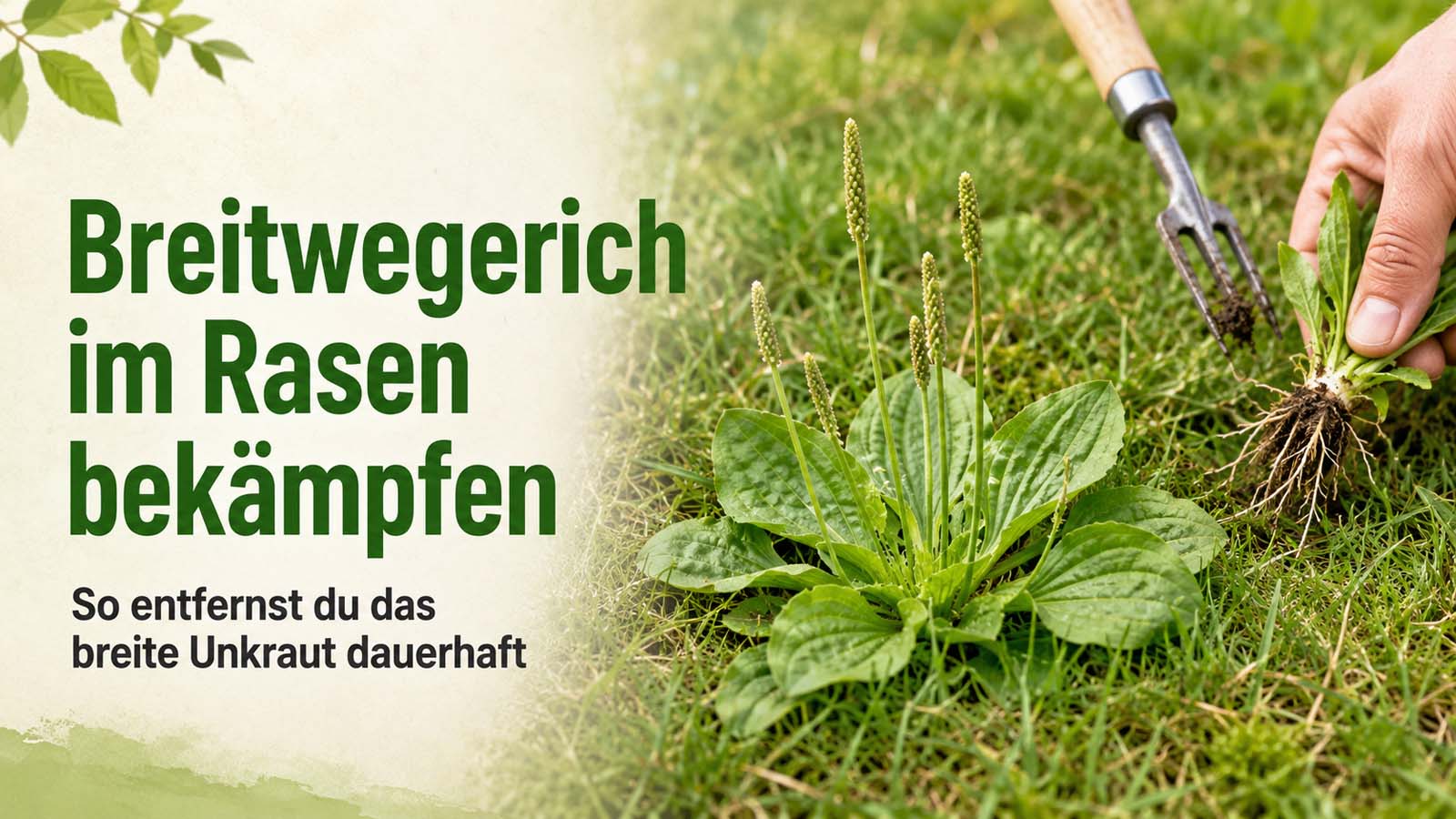 Breitwegerich mit breiten Blattrosetten und aufrechten Blütenähren wächst im Rasen und wird mit einem Unkrautstecher samt Wurzel entfernt.