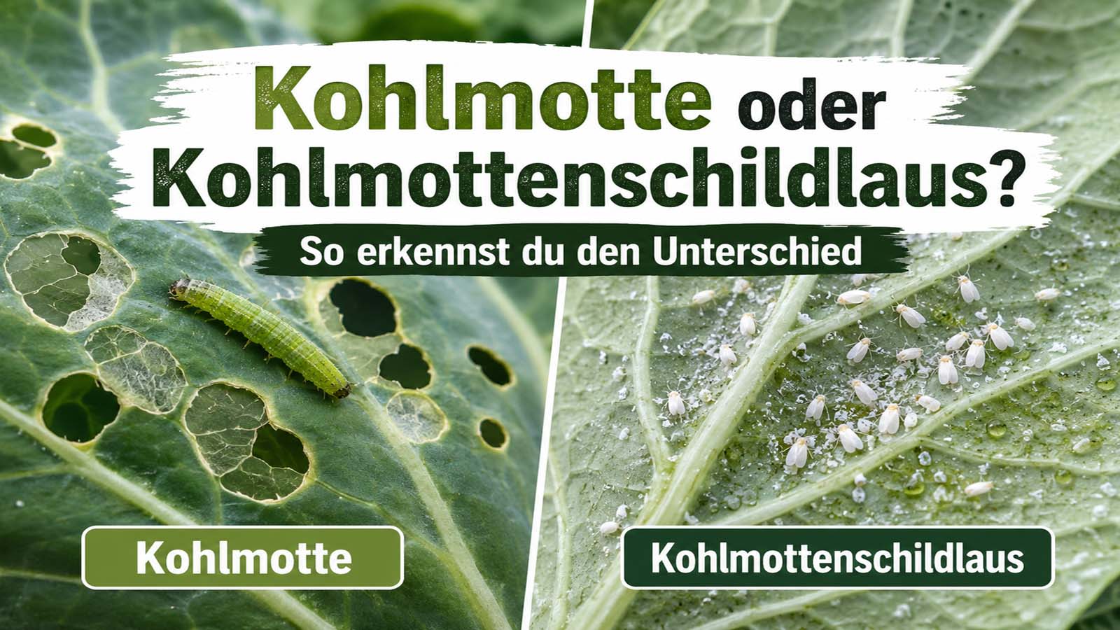 Vergleich von Kohlmotte und Kohlmottenschildlaus an Kohlblättern mit Raupenfraß, Löchern und weißen Fliegen auf der Blattunterseite.
