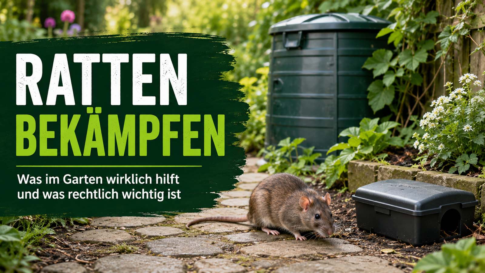 Ratte im Garten neben gesicherter Köderbox und Kompostbehälter als Hinweis auf sichere Rattenbekämpfung, Futterquellen und rechtliche Vorsicht.