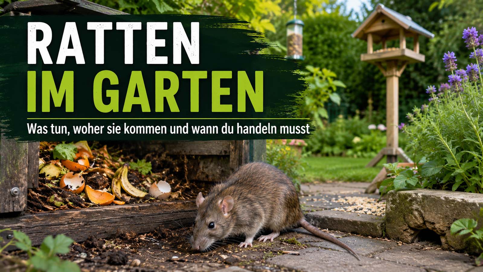 Ratte im Garten neben Kompost und Vogelfutter als Hinweis auf mögliche Futterquellen, Verstecke und Handlungsbedarf bei Rattenbefall.