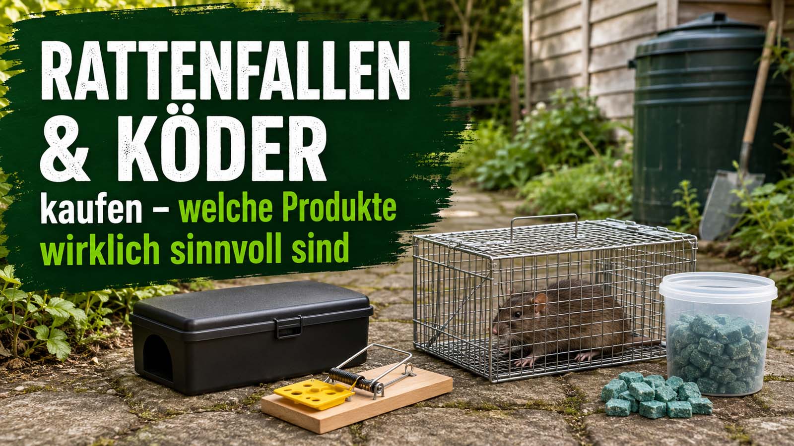 Rattenfallen, Köderbox, Schlagfalle und Köderbehälter im Garten mit einer gefangenen Ratte in einer Lebendfalle als Produktübersicht zur Rattenbekämpfung.
