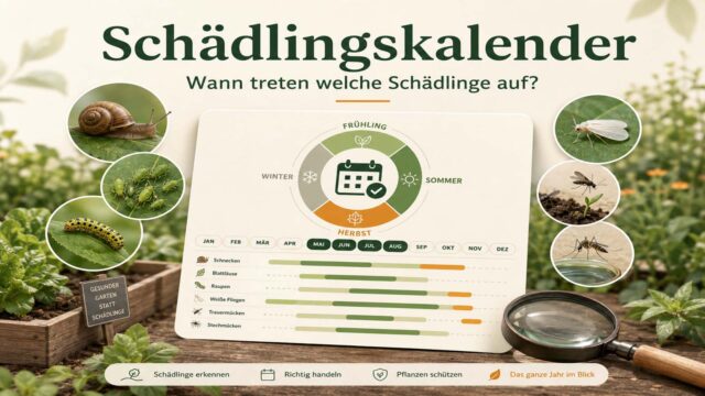 Illustration eines Schädlingskalenders mit Jahreszeiten, Monatsübersicht und typischen Gartenschädlingen wie Schnecken, Blattläusen, Raupen, Weißen Fliegen, Trauermücken und Mücken im Garten.