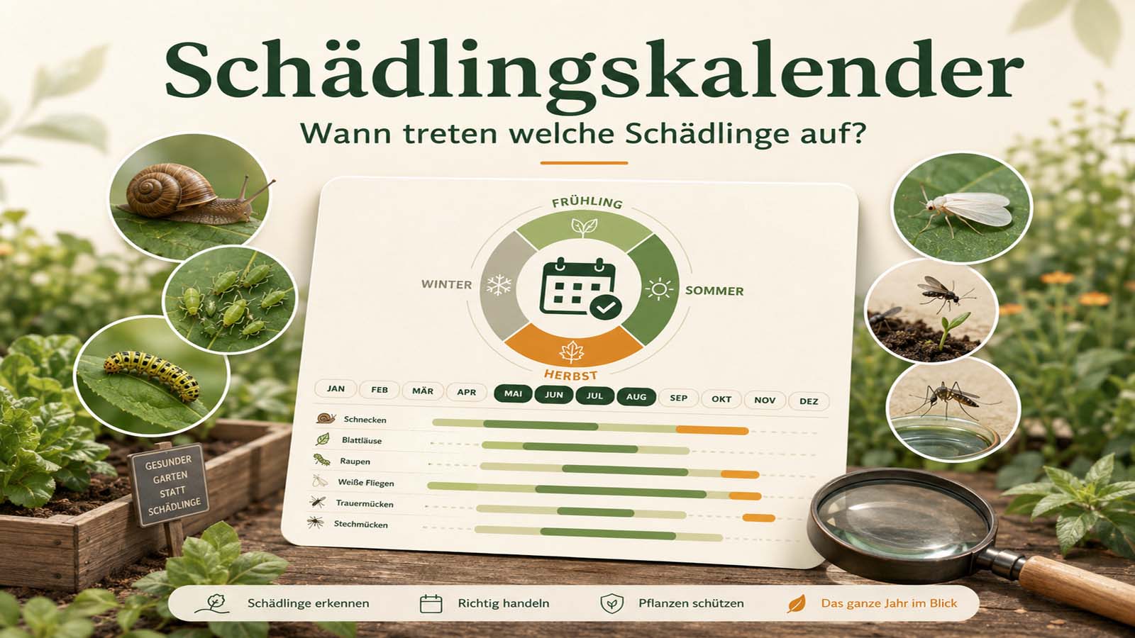 Illustration eines Schädlingskalenders mit Jahreszeiten, Monatsübersicht und typischen Gartenschädlingen wie Schnecken, Blattläusen, Raupen, Weißen Fliegen, Trauermücken und Mücken im Garten.