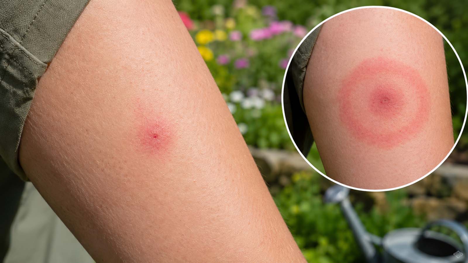 Nahaufnahme einer geröteten Einstichstelle nach einem Zeckenbiss im Garten mit vergrößerter Darstellung einer ringförmigen Wanderröte als Warnzeichen.