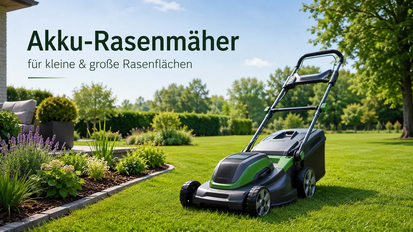 Moderner Akku-Rasenmäher auf einer gepflegten Rasenfläche mit Beeten und großem Garten im Hintergrund.