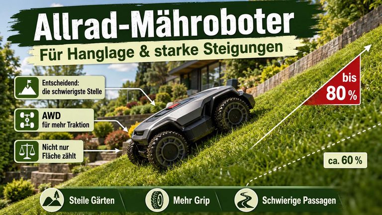 Welcher Allrad Mähroboter ist der beste? Modelle für Hanglage und starke Steigungen