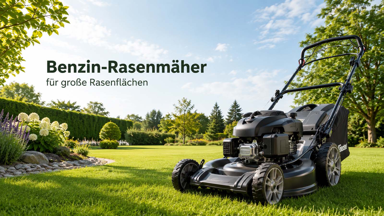 Robuster Benzin-Rasenmäher auf einer großen gepflegten Rasenfläche in einem weitläufigen Garten.