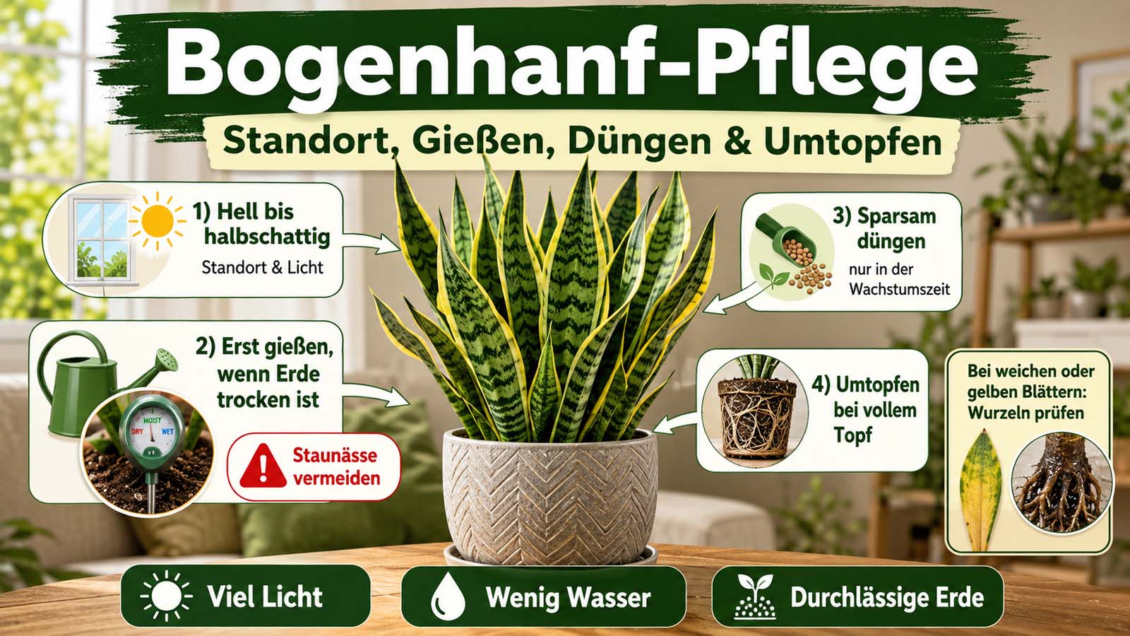 Bogenhanf mit Pflegetipps zu hellem Standort, sparsamem Gießen, Düngen, Umtopfen und dem Vermeiden von Staunässe.