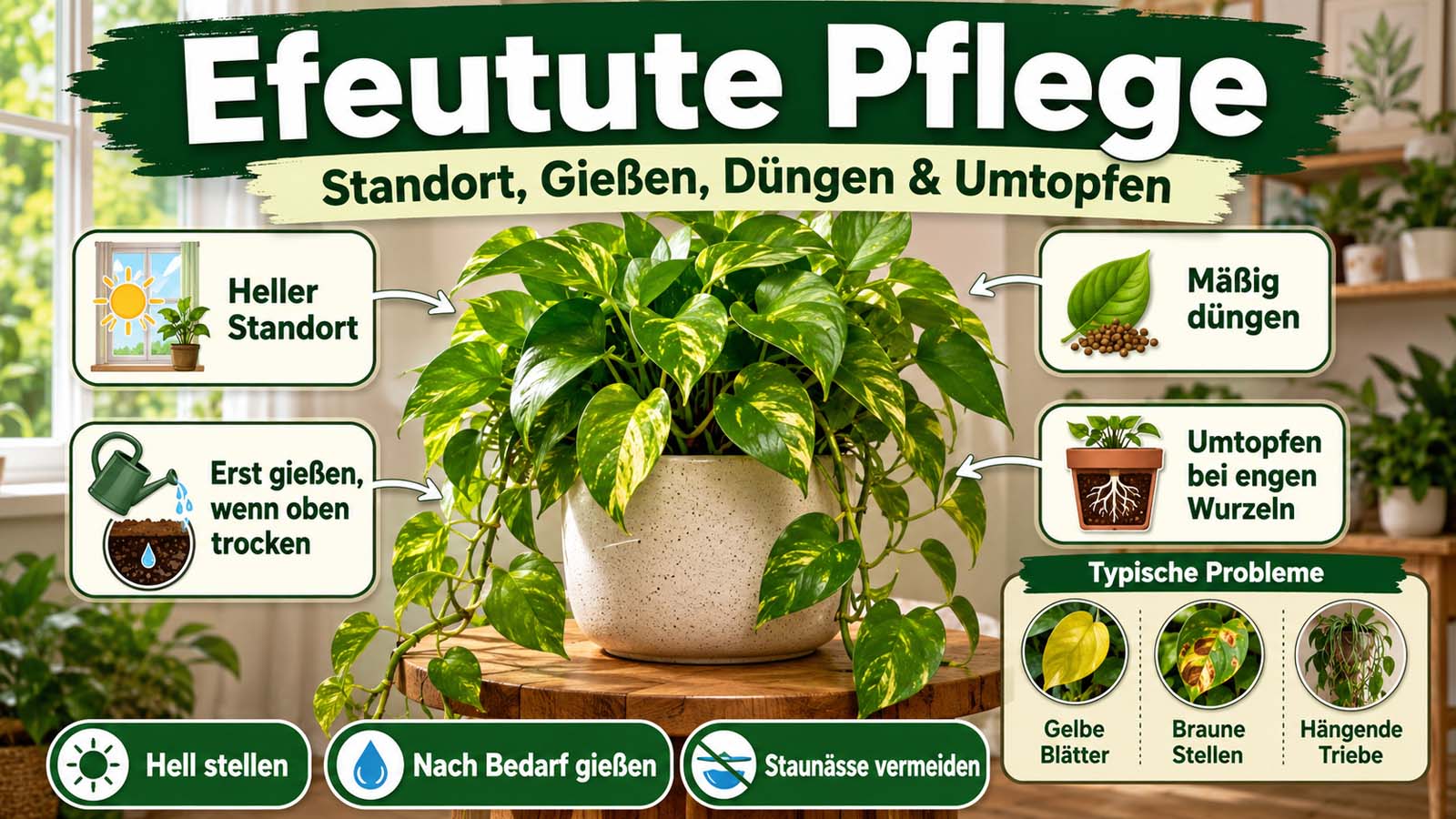 Gesunde Efeutute am hellen Standort mit Hinweisen zum richtigen Gießen, Düngen, Umtopfen und Vermeiden von Staunässe.