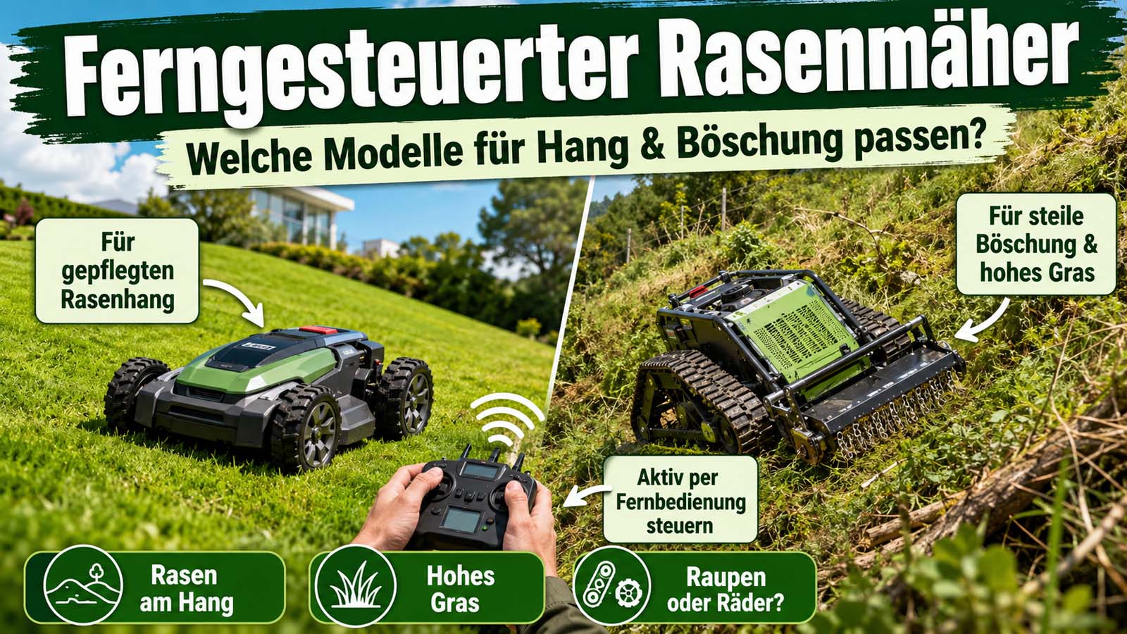 Ferngesteuerter Rasenmäher auf gepflegtem Rasenhang und Mähraupe an steiler Böschung mit hohem Gras, gesteuert per Fernbedienung.