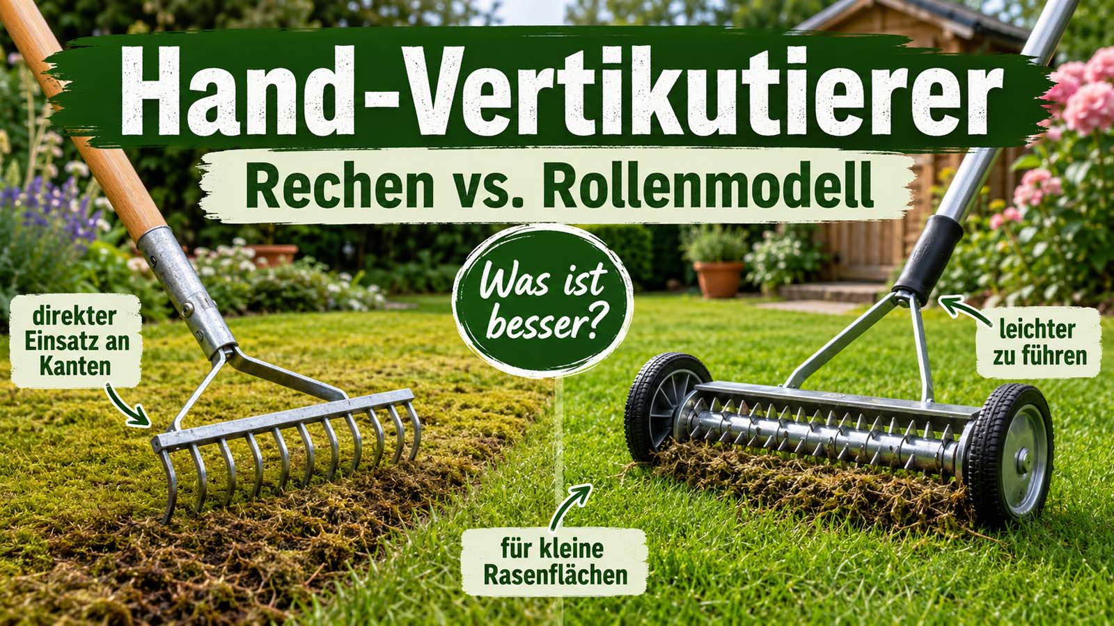 Hand-Vertikutierer im Vergleich: klassischer Vertikutierrechen und Rollenmodell entfernen Moos und Rasenfilz auf einer kleinen Rasenfläche.