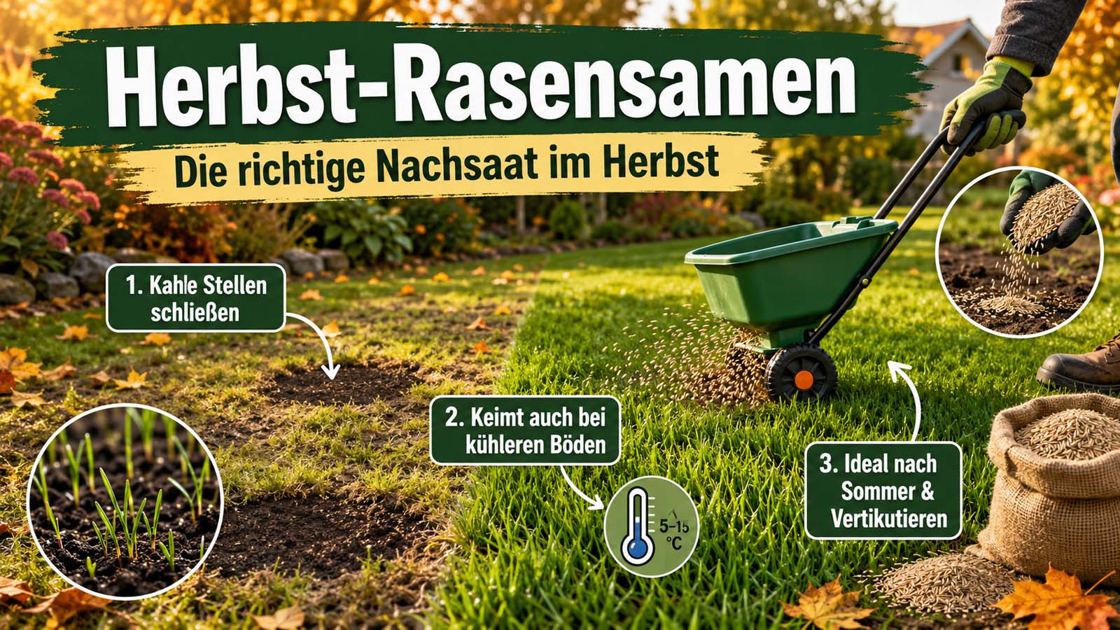 Herbstliche Rasennachsaat auf kahlen Rasenstellen mit Rasensamen, Streuwagen und keimendem Gras bei kühleren Bodentemperaturen.