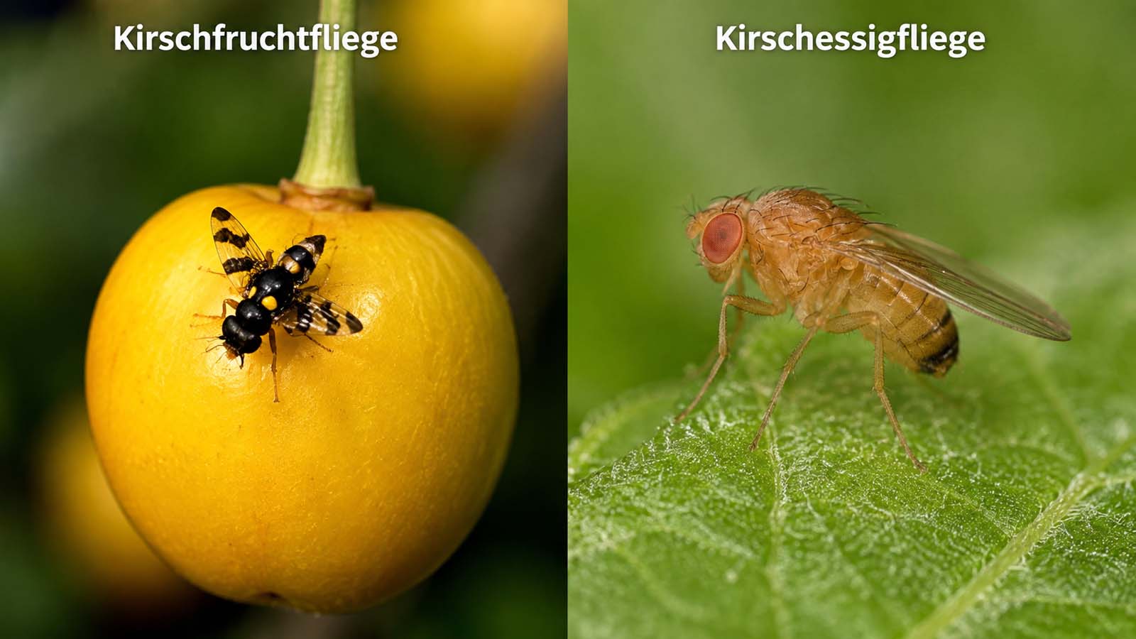 Vergleichsbild von Kirschfruchtfliege auf einer Kirsche und Kirschessigfliege auf einem grünen Blatt.