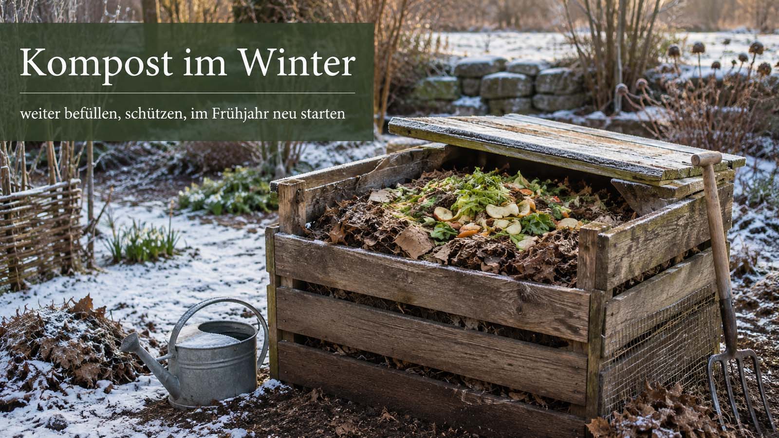 Holzkomposter im winterlichen Garten mit trockenen Blättern, Küchenabfällen und locker aufgelegter Abdeckung als Schutz vor Nässe.