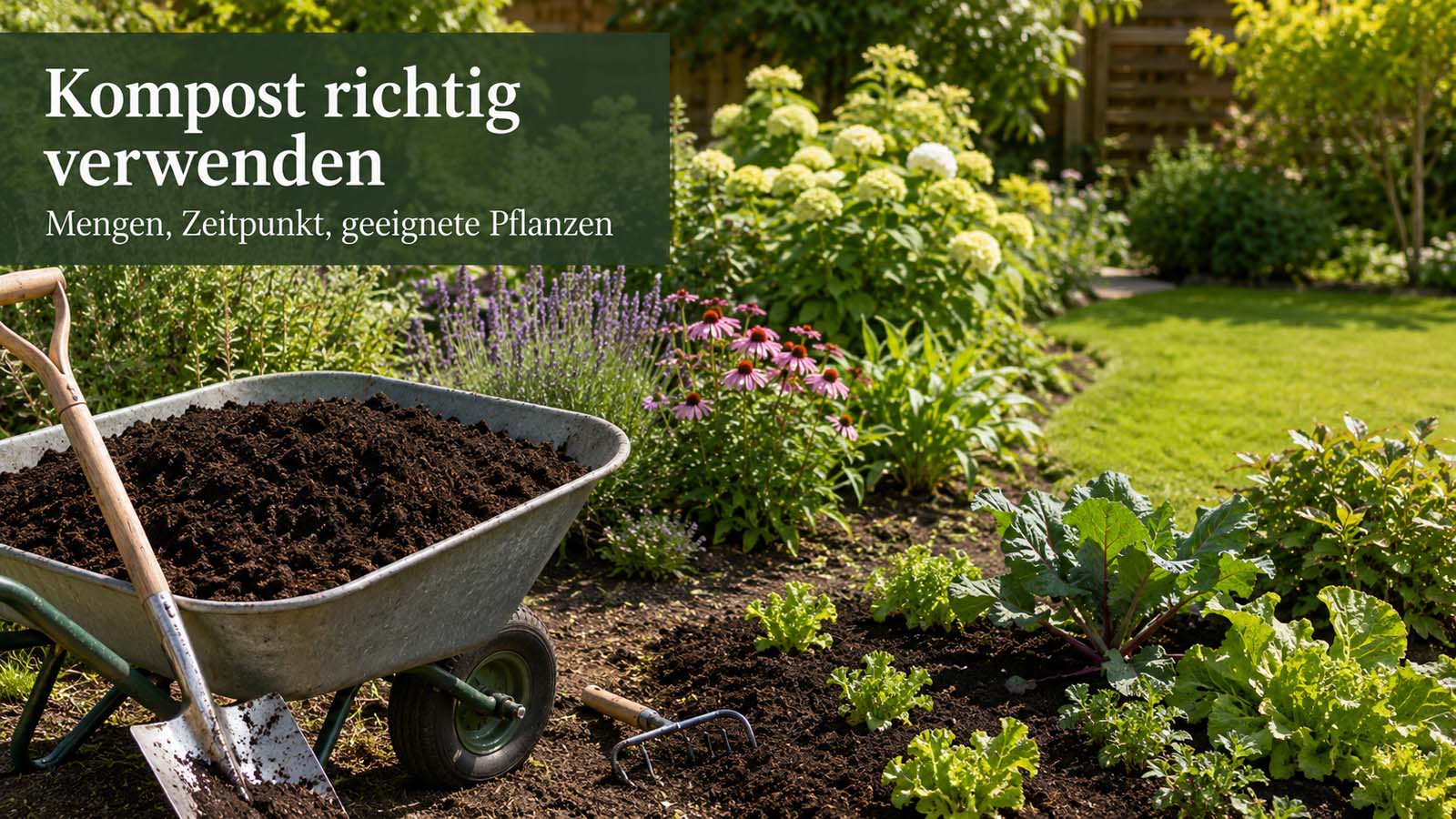 Schubkarre mit reifem Kompost neben Gemüsebeet, Stauden, Gehölzen und Rasen im Garten.