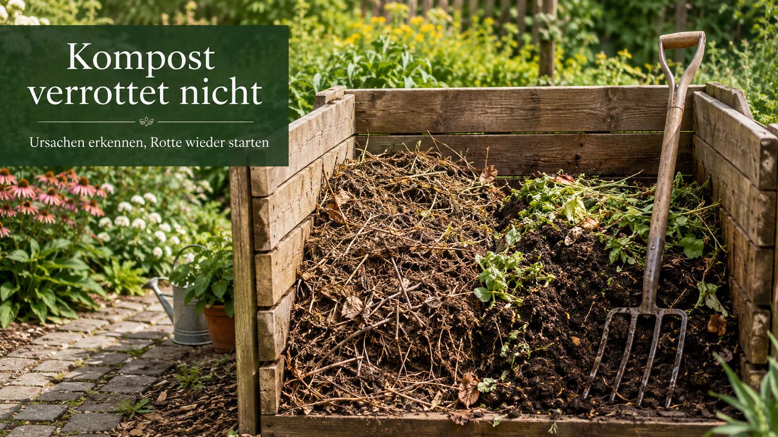 Holzkomposter mit trockenen Zweigen und Laub neben dunklem, feuchtem Kompost und einer Grabegabel zum Auflockern.
