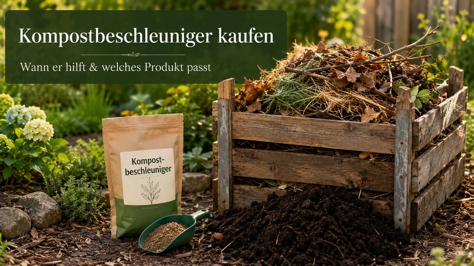 Kompostbeschleuniger neben einem Holzkomposter mit Laub, Zweigen und trockenem Pflanzenmaterial sowie fertigem dunklem Kompost.