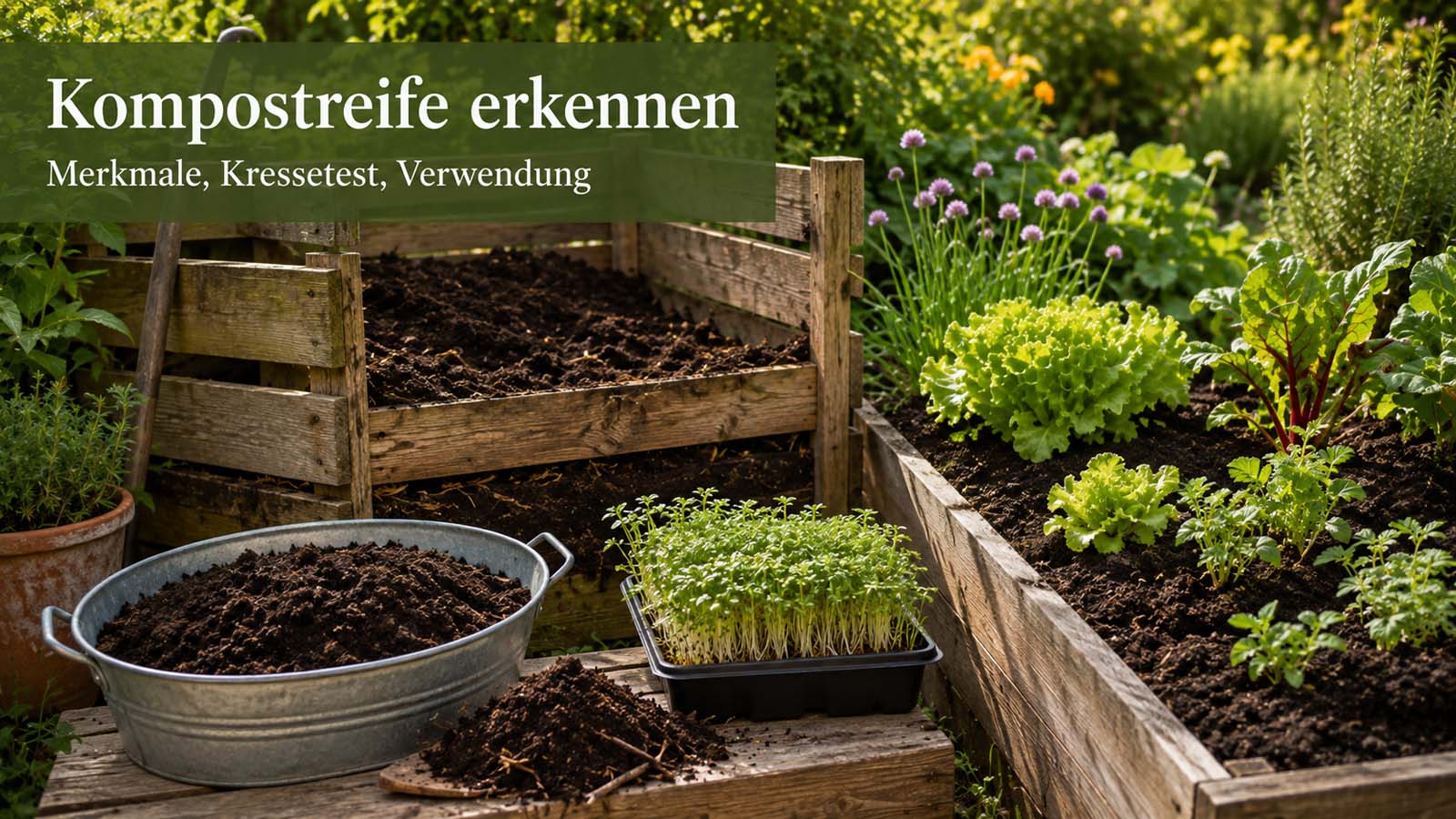 Reifer, dunkelbrauner Kompost neben einer Schale mit Kressekeimlingen und einem Gemüsebeet mit ausgebrachtem Kompost.