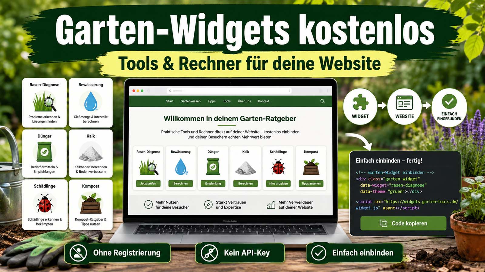 ostenlose Garten-Widgets mit Rasen-Diagnose, Bewässerungs-, Dünger-, Kalk-, Schädlings- und Kompost-Tools zur einfachen Einbindung auf einer Website.