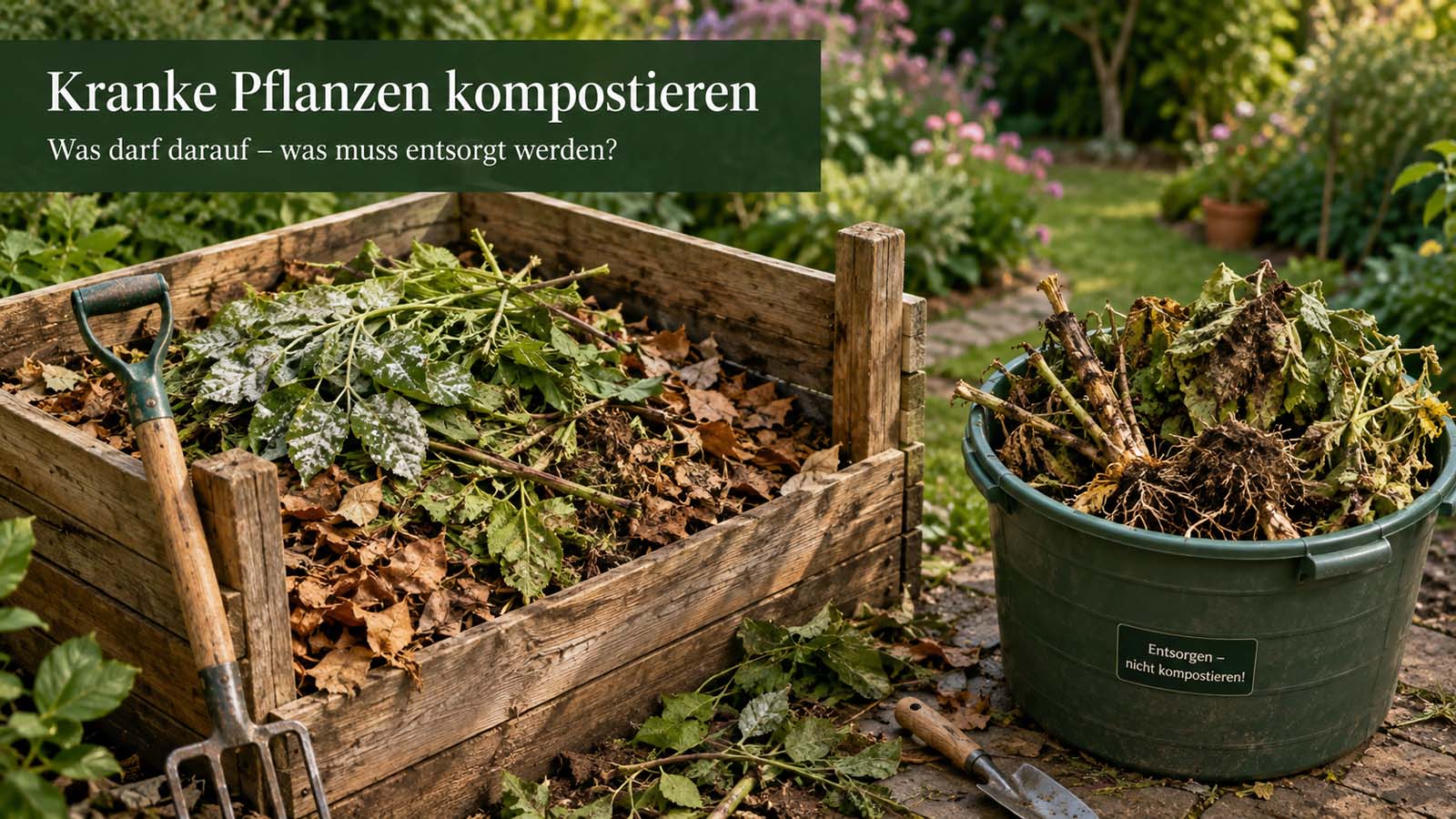 Holzkomposter mit leicht befallenen Blättern neben einem Behälter mit welken, faulenden Pflanzen und Wurzeln zur getrennten Entsorgung.