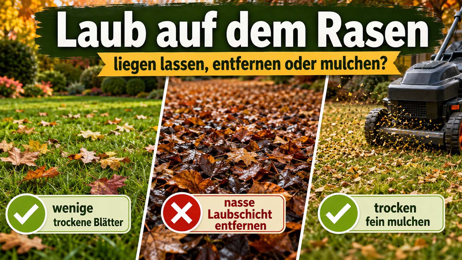 Herbstlicher Rasen mit wenigen trockenen Blättern, nasser Laubschicht und Rasenmäher beim Mulchen als Vergleich der richtigen Laubpflege.