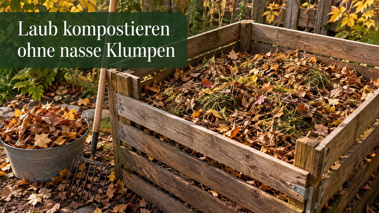 Holzkomposter mit locker gemischtem Herbstlaub und grünen Pflanzenresten neben einem Eimer mit trockenem Laub.