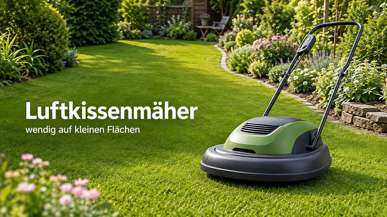 Moderner Luftkissenmäher auf einer gepflegten, leicht geschwungenen Rasenfläche in einem blühenden Hausgarten.