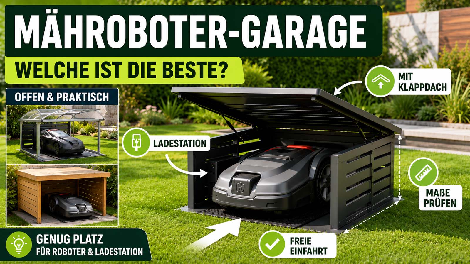 Mähroboter in einer offenen Garage mit Klappdach sowie Vergleich zu transparenter und hölzerner Überdachung, mit Hinweisen zu Maßen, Ladestation und freier Einfahrt.
