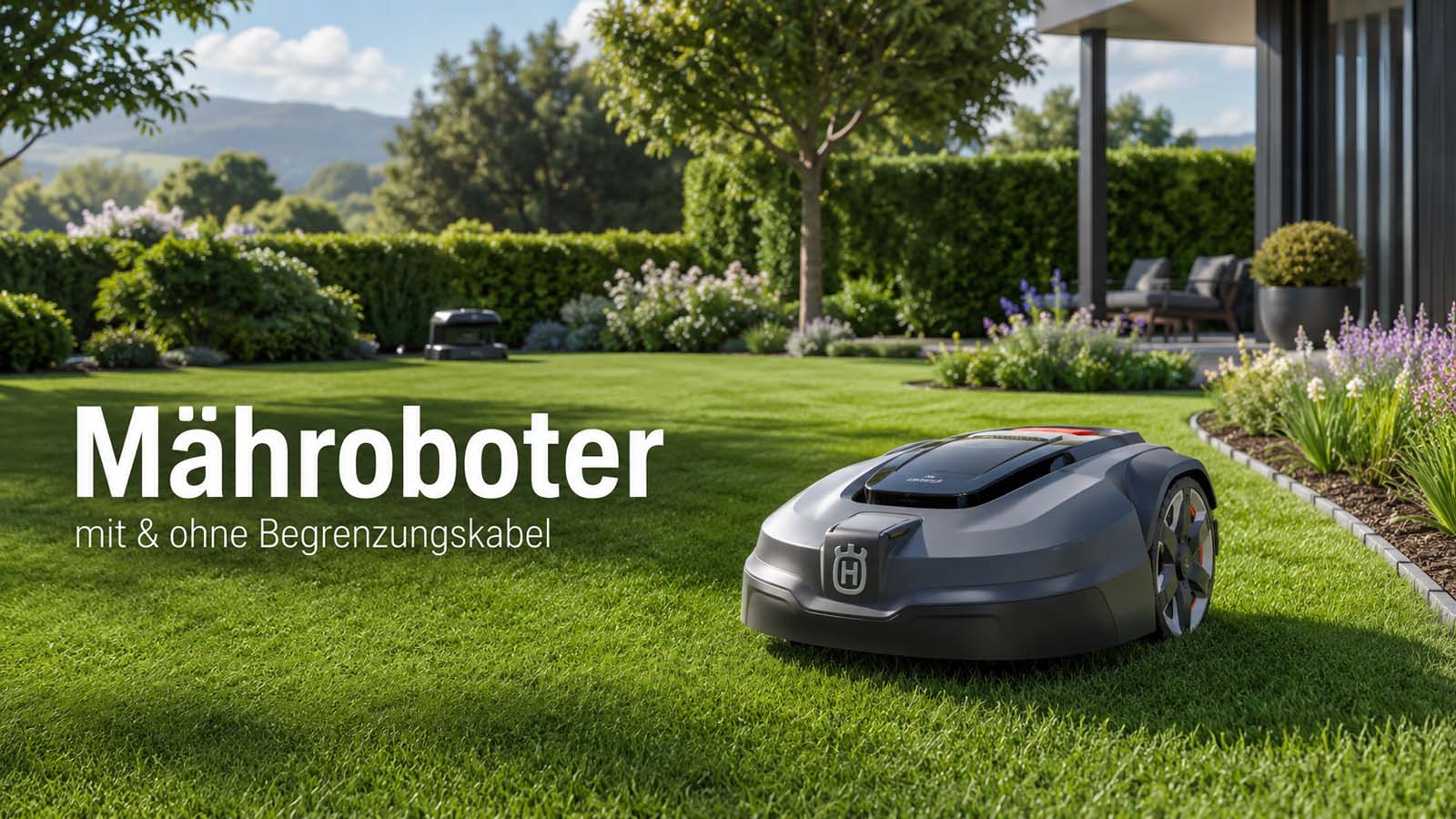Moderner Mähroboter auf einer gepflegten Rasenfläche in einem weitläufigen Garten.
