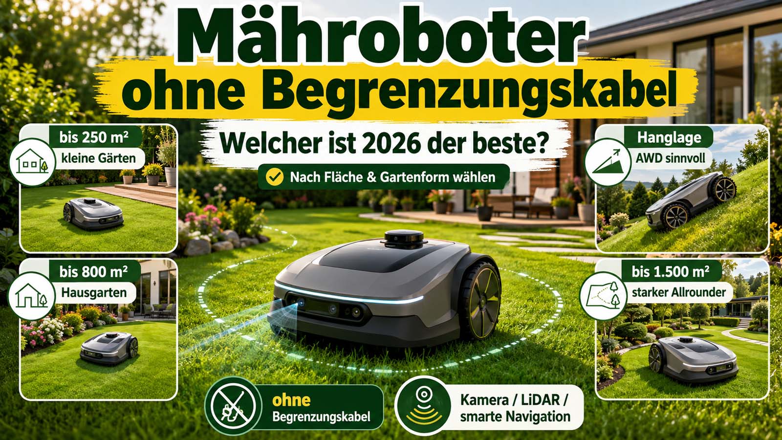 Mähroboter ohne Begrenzungskabel auf verschiedenen Rasenflächen mit Hinweisen zu Gartengröße, Hanglage sowie Kamera- und LiDAR-Navigation.