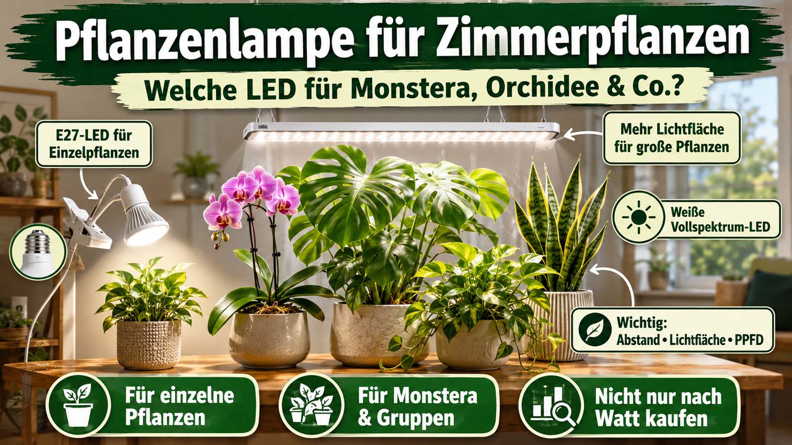 Zimmerpflanzen wie Monstera, Orchidee, Efeutute und Bogenhanf unter weißen LED-Pflanzenlampen mit Hinweisen zu E27, Lichtfläche, Abstand und PPFD.