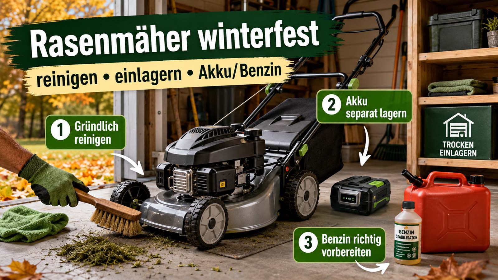 Rasenmäher wird für den Winter gereinigt und eingelagert, daneben Akku, Benzinkanister und Kraftstoffstabilisator zur Vorbereitung auf die Winterpause.
